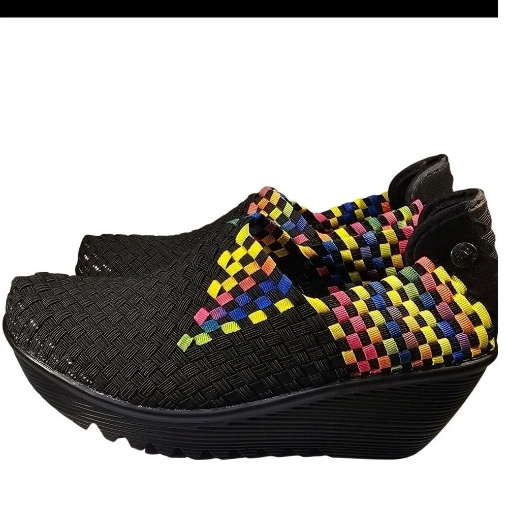 Bernie Mev Gem Black Multi Rainbow Woven‎ Elastic Wedge Sneakers Size 40 New NWB